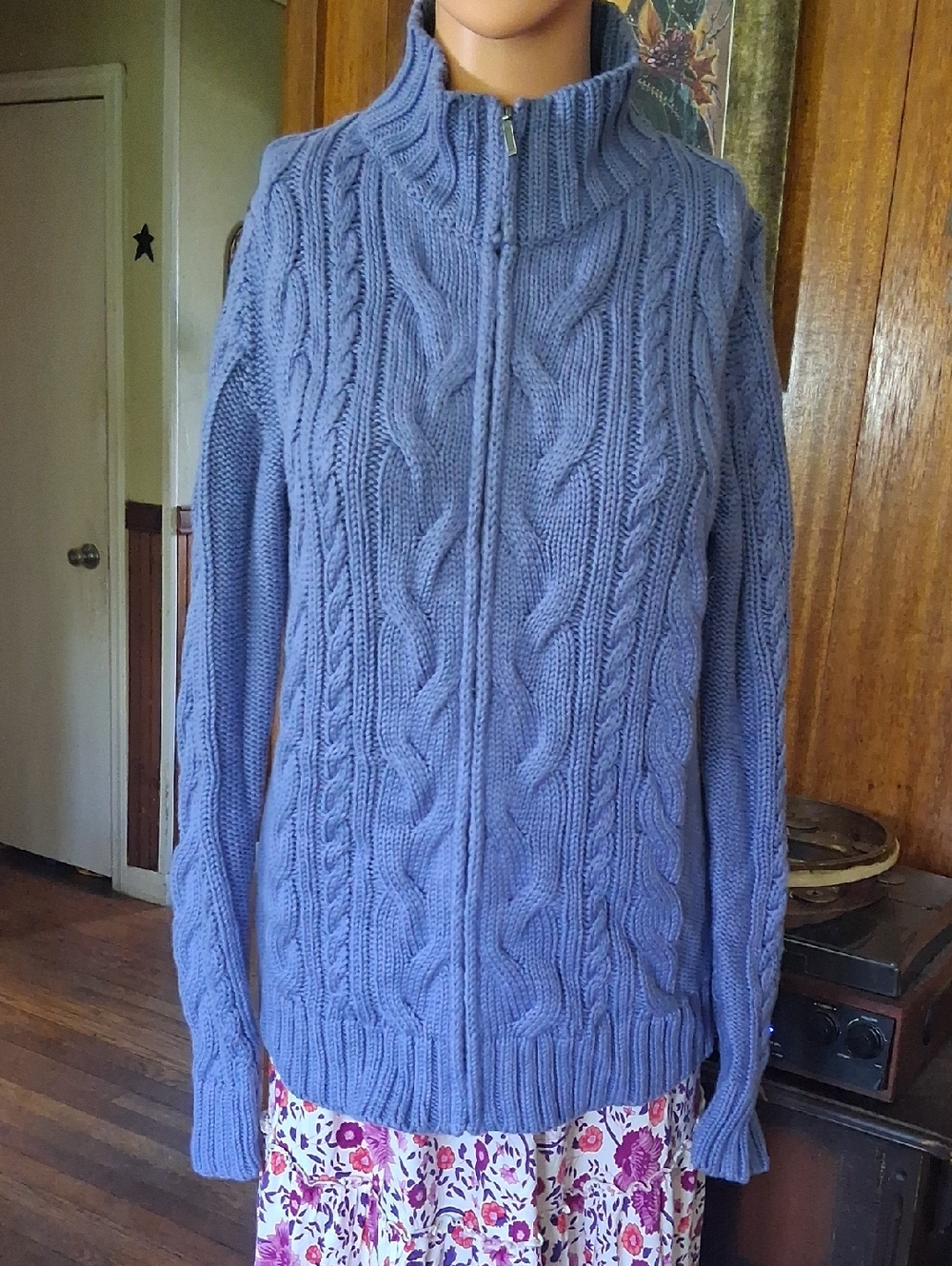 L.L. Bean Periwinkle Cable-Knit Zip Front Cardigan